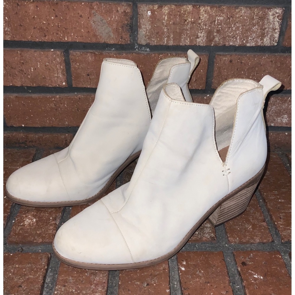 TOMS Deia White Leather Cutout Ankle Boots Block Heel Womens 11